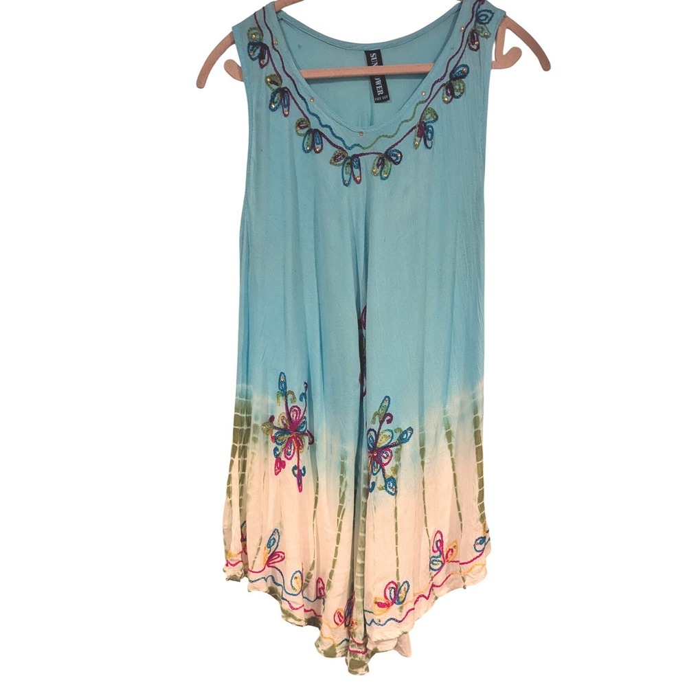 Sunflower Boho Tunic Free Size Tie Dye Embroidered Beaded Sharkbite Festival